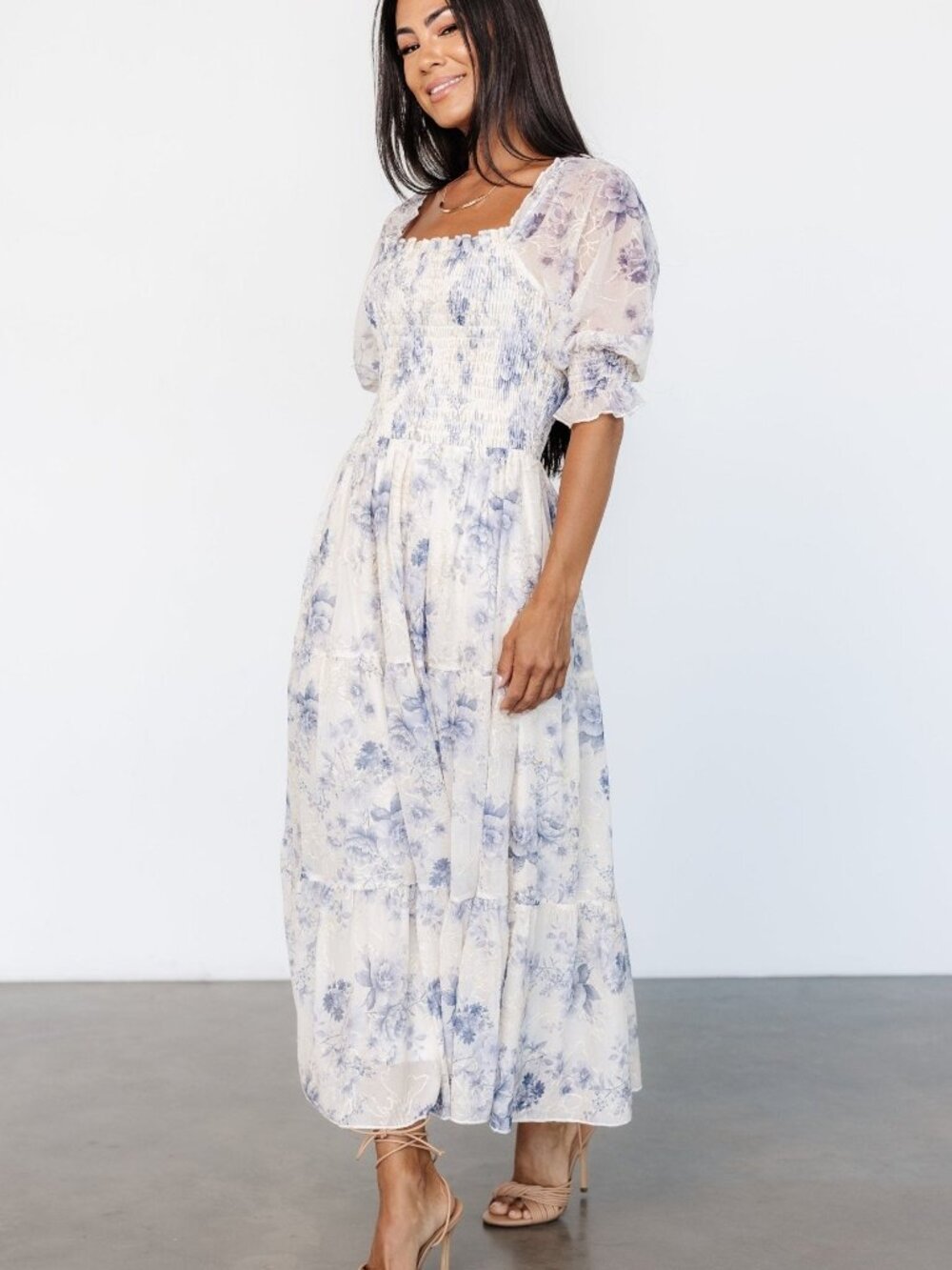 Baltic Born Fabian Jacquard Midi Dress | Cream + Blue Floral Size XLXL - Picture 4 of 5